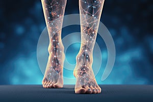 Persons Legs and Ankles Illuminated by Vibrant Glowing Lights, Legs with visualization of nerve endings, Joint problems concept,