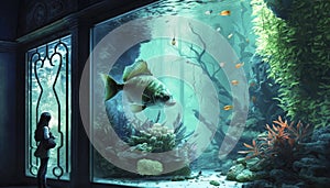Persostanding upfront big aquarium with fbig ish AI generated illustration photo