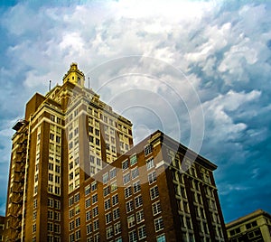 Perspecitive view of the 320 South Boston building in downtown Tulsa Oklahoma on a Stormy Day
