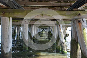 Perspecitve view of poles of Sopot Pier at Baltic Sea, Poland