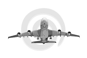 Perspective of airplane takeoff to the sky isolated on white background with clipping path