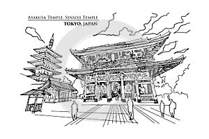 Perspective of Asakusa Temple or Sensoji Temple in TOKYO, JAPAN, Vector illustration sketch design.