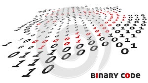 Perspective binary code object by red and black ones and zeros