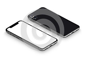 Perspective black smartphone like iPhone X mockup front side and back side CCW rotated lying on surface