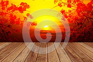 Perspective blank brown wood with red flower or  peacock`s crest with sun set colorful sky abstract nature background