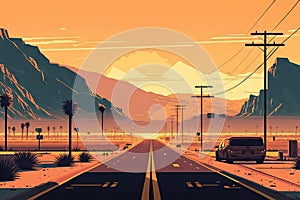 perspective of city highway on dawn in desert with mountains in distance retro city landscape