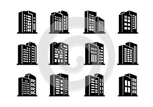 Perspective company icons and black vector buildings set,  Isolated office collection on white background