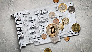 Perspective crypto-currencies: coins on a printed circuit board of gray color with other coins.