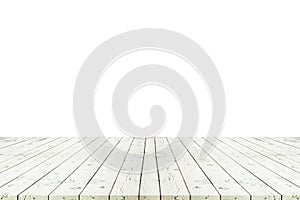 Perspective empty white wooden table with white background including clipping path for product display montage or design layout.