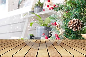 Perspective empty wooden table on top over blur background, can