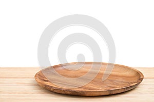 Perspective empty wooden tray and table with white background including clipping path for product display montage or design layout