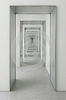The perspective of an endless corridor of mirrored frames.