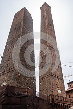 Perspective of the famous two towers of Bologna, the Garisenda and Asinelli, ITALY