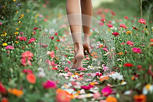 Perspective of feet on a floral trail, surrounded by wildflowers