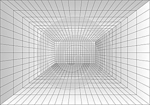 Perspective grid room. Wireframe abstract cube. Data digital visualization. Vector illustration