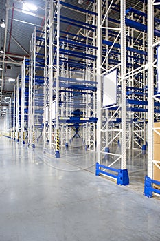 Perspective of Huge distribution warehouse with high empty shelves