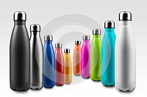 Perspective image of colorful stainless thermo bottles for water, isolated on white background.