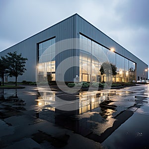 Perspective of an industrial warehouse, captured from a great angle.