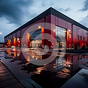 Perspective of an industrial warehouse, captured from a great angle.