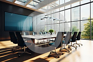 Perspective on the interior of an office conference room