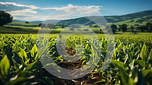 Perspective landscape of growing young corn. Sunny day. Farmer\'s field with corn sprouts