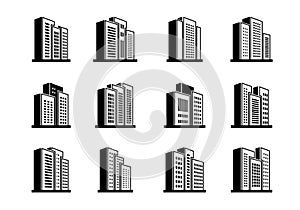 Perspective Line buildings and bank icons set, Company and office vector collection, Isolated edifice and residential