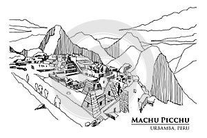 Perspective of Machu Picchu, Urbamba province, PERU, vector illustration sketch design.