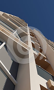 Perspective modern building hotel render over blue sky scene