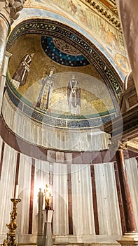 Perspective of mosaic decorating dome interior in roman catholic church