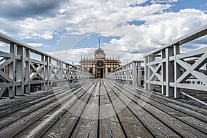 Perspective of old outdoor bathhouse photo