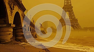 Perspective of Paris featuring the iconic Eiffel Tower in a cityscape flooded by sand and water, highlighting the