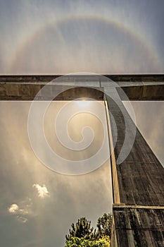 Perspective point with solar phenomenon in which a circle surrounds the sun under the bridge pillar