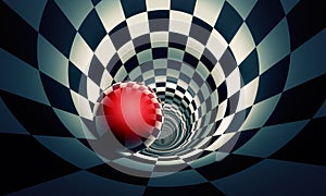 Perspective and predetermination. Red ball in a chess tunnel co