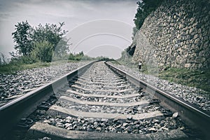 Perspective of the railway, wheel track rail, , vintage style. Old railway track