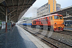 Perspective of Red orange train, Diesel locomotive