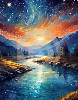 perspective river. fabulous painting illustration outstanding abstract stars turn resolution astonishing Cinematic