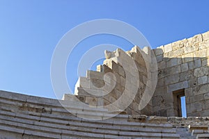 Perspective shoot of ancient stone structure corner amphitheatre seatings