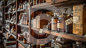 A perspective shot that invites the viewer into an old wooden apothecary filled with vintage medicine bottles and herbal