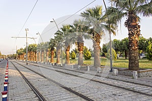 Perspective shot of tramway line with pedestrian stones at sunse