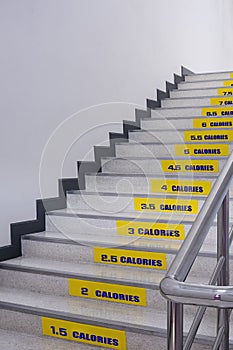 Perspective side view of calories burned stickers on staircase inside of office building