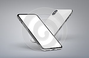 Perspective smartphones similar to iPhone X mockup back side and front side with white screen on light background