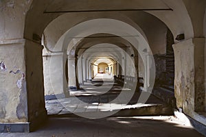 Perspective of stone vaults in old Italian sanctuary