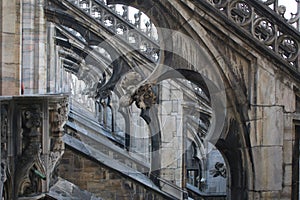 The perspective and strict symmetry of the flying buttresses of the Milan Cathedral