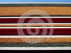 perspective of three layers roof tile of thai temple or grand palace with blue sky