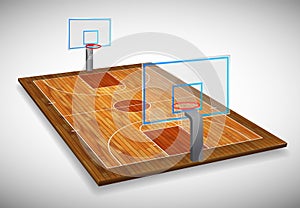 Perspective vector illustration of hardwood Basketball court field with shield. Vector EPS 10. Room for copy