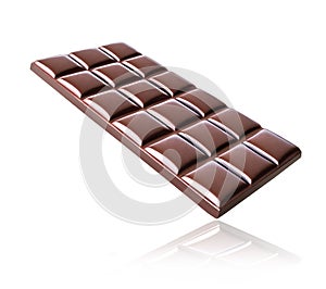 A perspective view of a bar of dark chocolate on a white background