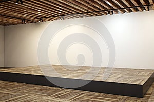 Perspective view on blank brown podium with place for your product or car presentation on wooden floor in abstract hall with light