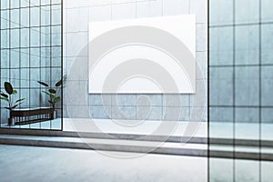 Perspective view on blank white poster with place for advertising poster or text on checkered concrete wall background in outdoor