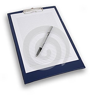 Perspective view of a blue clip board, and lined white paper, with a pen, isolated on white