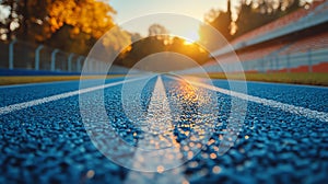 Perspective view of a blue running track under a sunset sky
